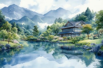 Obraz premium serene views of a tranquil japanese countryside with lush greenery gentle hills and a serene river perfectly capturing the essence of zen in a soft watercolorlike style