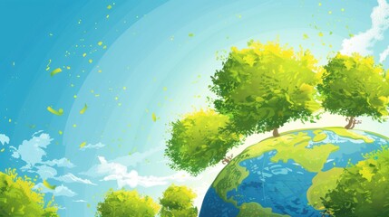 Fototapeta premium Cartoon Earth with Trees, vibrant greens and yellows, blue sky backdrop, engaging vector art, suitable for educational and environmental themes