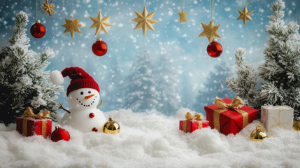 Whimsical winter holiday scene with trees, snowman, ornaments, and gifts
