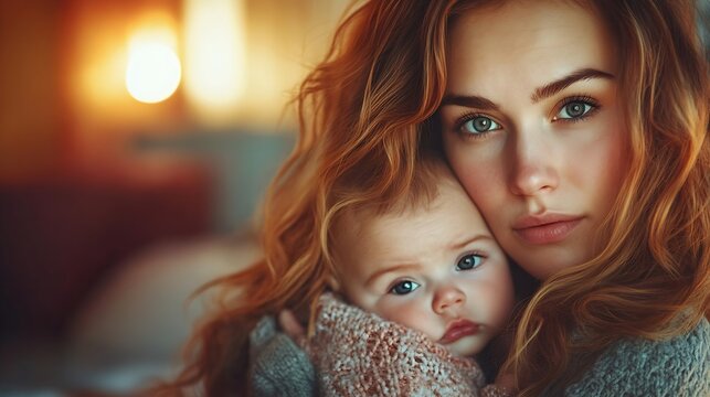 Sad young woman with her baby suffering from postnatal depression in bedroom : Generative AI