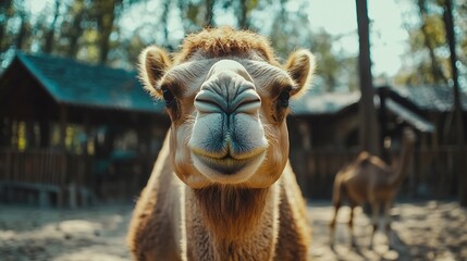 Obraz premium Funny camel at zoo wanting food : Generative AI