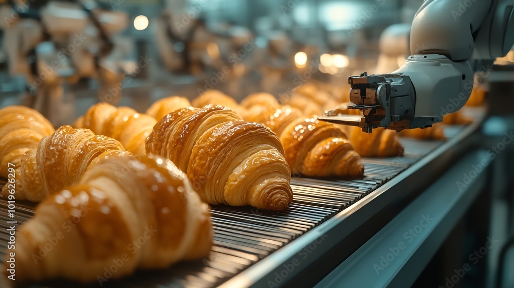 Poster Mechanical robots take semifinished products from conveyor belt and put them into containers Mechanical robots replacing human labor in factory Mechanical robots in mass production Fre : Generative AI