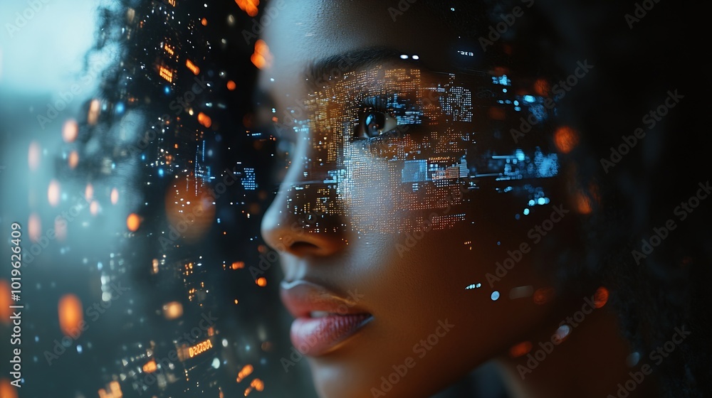 Aufkleber Black woman with tablet erp data hologram and innovation research and programming in future information technology Futuristic network analytics and developer for startup business websi : Generative AI