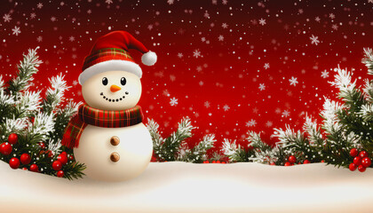 Fototapeta premium Snowman in a festive winter landscape with trees and snowflakes