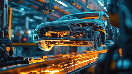 Fototapeta premium Futuristic Car Design in High Tech Factory Environment