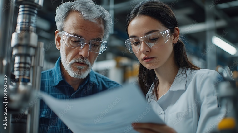 Fototapete Female engineer reading technical documentation with project manager in modern industrial factory talking about new production project investment Team management in manufacturing facil : Generative AI