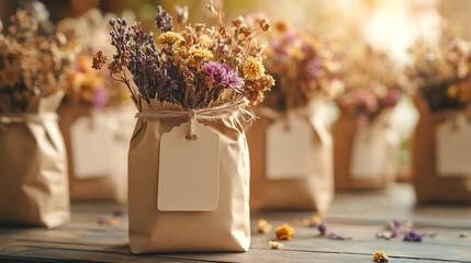 Wedding favors packaging in craft bags with custom label and dry flowers decoration ecological party diy handmade souvenirs in natural color : Generative AI