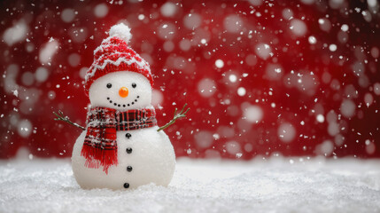 Fototapeta premium Snowman in a festive winter landscape with trees and snowflakes