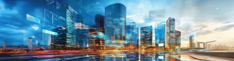 Modern business and city architecture photo abstract double exposure collage of various an urban city scene for banner. Generative AI