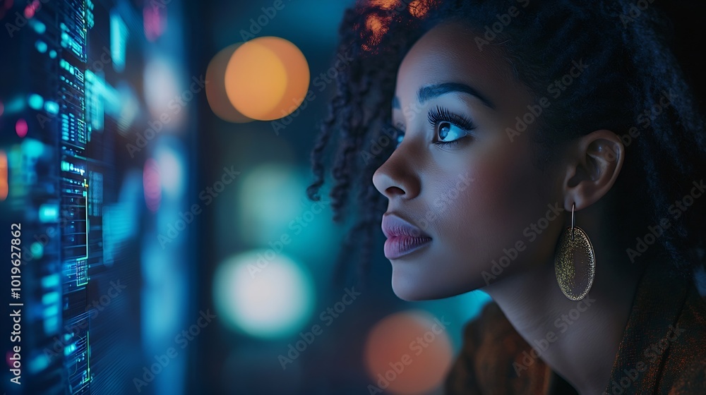 Poster black woman working in office and communication network concept ict information communication techno