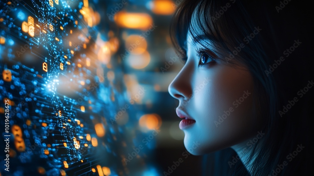 Aufkleber Digital technology global internet network connection big data digital marketing IoT internet of things Woman using modern computer surfing internet futuristic technology background : Generative AI