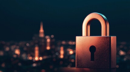 A close-up of a rusty lock with a city skyline in the background, lit by city lights at night, symbolizing security and urban life.