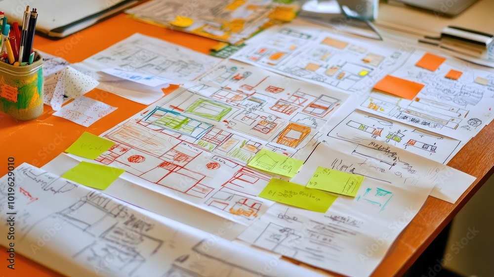 Poster creative workspace with design sketches and notes