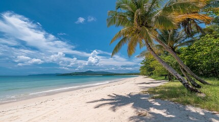 Naklejka premium Palm trees cast long shadows on a white sand beach, with turquoise water and blue sky with clouds in the background.