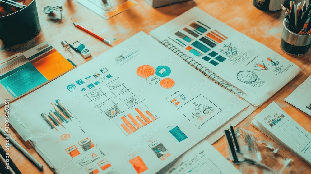 Poster creative workspace with design sketches and tools