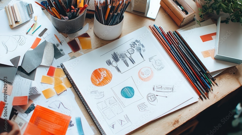 Poster creative design workspace with colorful sketches and tools