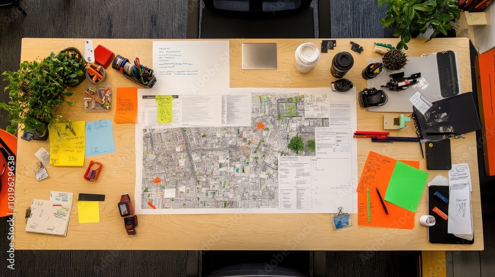 Poster organized workspace with map and stationery items