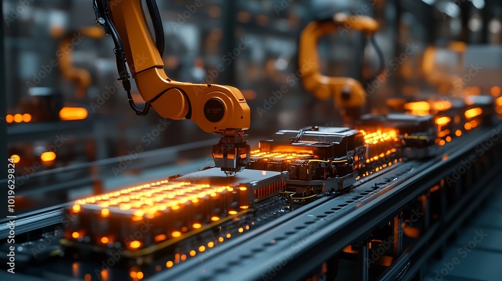 Poster Modern EV Factory On Automated Production Line Robot Arms Transporting Automotive Battery Modules onto Conveyor Belt Electric Car Battery Pack Manufacturing Process : Generative AI