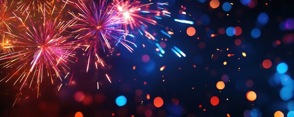 Naklejka premium Colorful fireworks burst against a dark background, creating a festive atmosphere filled with vibrant lights and celebration.