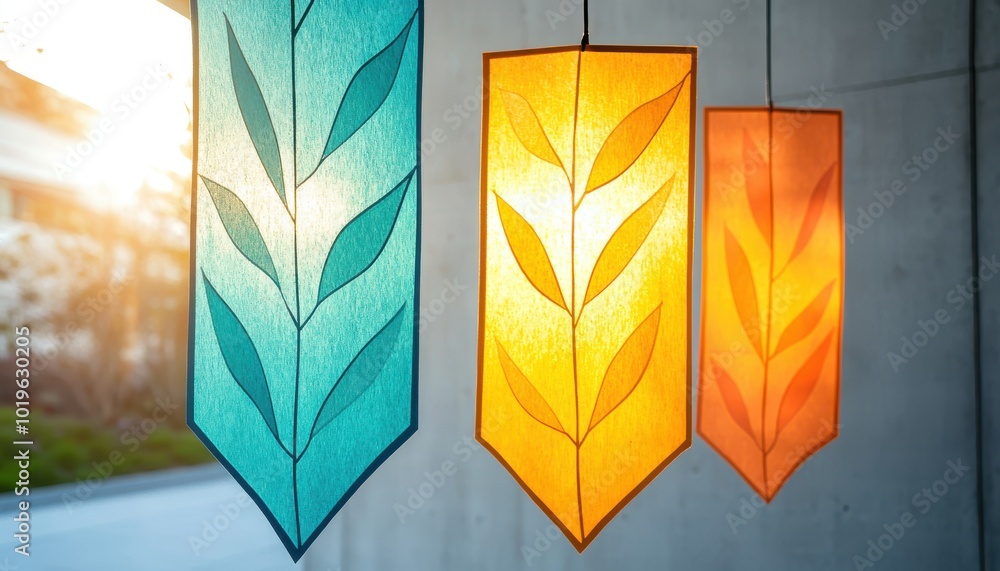 Poster colorful hanging lights with leaf patterns, creating a warm and inviting atmosphere.