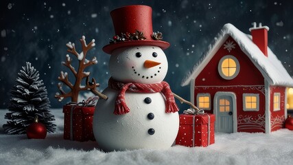 Obraz premium Christmas background with gifts,Balls, car, Tree, Lights, bear, Reindeer, house, card, snowman