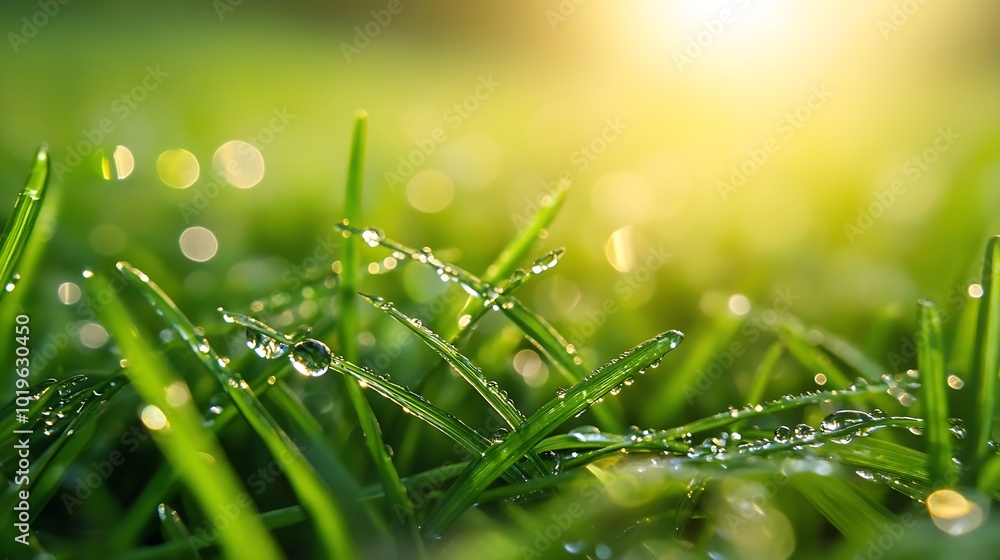 Poster transparent drops of water dew on grass close upnatural background with copy space : generative ai