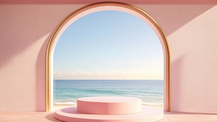 Pink Circular Podium with Ocean View through a Golden Archway