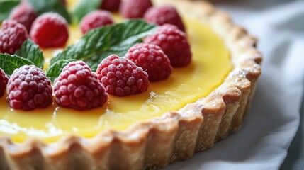 Fresh Raspberry Tart with Mint Garnish and Lemon Curd