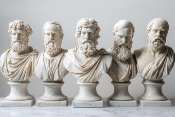 Obraz premium set of intricately carved marble busts depicting fictional philosophers classical style with modern twists varied expressions and unique characteristics for each figure clean white background