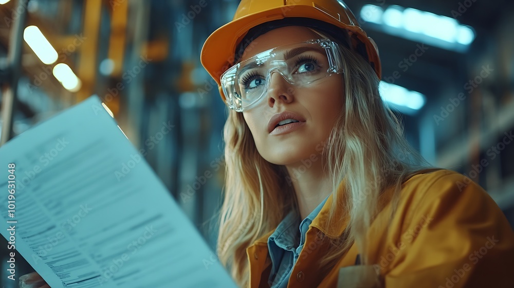 Poster Female engineer reading technical documentation with project manager in modern industrial factory talking about new production project investment Team management in manufacturing facil : Generative AI