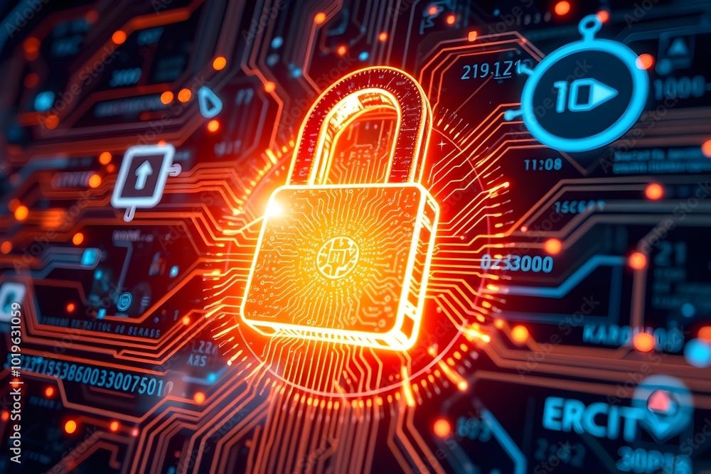 Poster cybersecurity network data protection lock circuit board