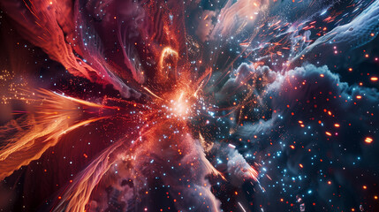 Cosmic nebula with glowing blue and red clouds in deep outer space