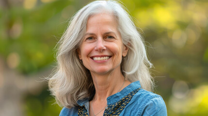 A radiant woman with gray hair embraces confidence in nature, inspiring beauty and grace with every smile.