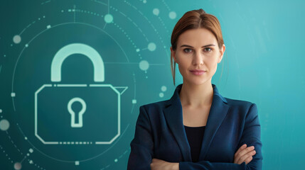 A poised woman stands by a digital lock, showcasing strength in business amidst a maze of futuristic security symbols.