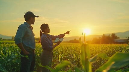 Farmers work in cornfield using digital tablet Farmer points to field with hand Teamwork in agribusiness Man woman field tablet computer Concept using modern technologies agricultural  : Generative AI