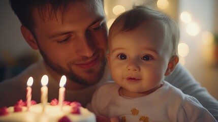 Family celebrating six month old baby girl birthday party closeup Dad and Mom hug cute baby isolated on white wall Father mother hold hands funny little kid Creative birthday cake with : Generative AI