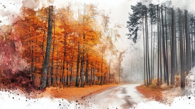 Simple and elegant abstract autumn trees, leaves and roads watercolor background, white background.
For card, invitation, banner, marketing, advertising, design, cover, web, social media,presentation.
