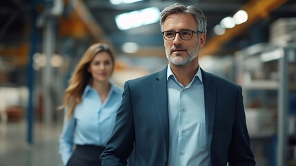 Mature businessman discussing and walking with colleague in industry : Generative AI