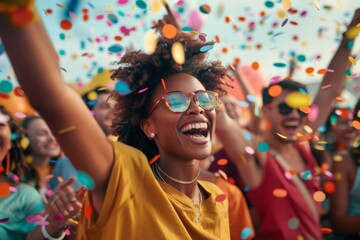 Naklejka premium Vibrant Celebration: Joyous Faces Amid Colorful Confetti