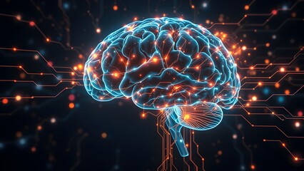 Digital Brain with Glowing Connections and Circuitry