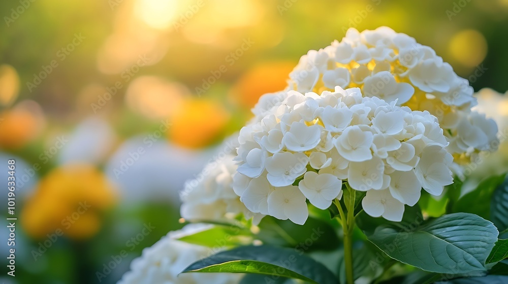 Poster lush white and yellow hydrangea flowers in summer white and yellow flowers with blurred background h