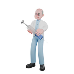 Male Scientist Illustration in 3D. A male scientist stands holding a large syringe with both hands. Professional Science
