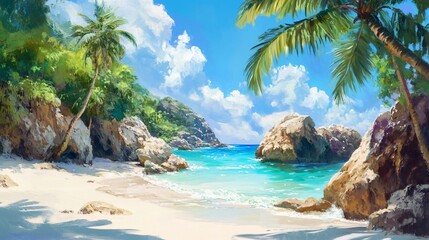Palm trees frame a picturesque tropical beach scene with rocky cliffs and turquoise water.