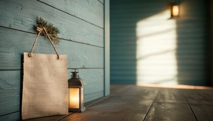 Cozy interior scene featuring a lantern and a rustic hanging sign against a wooden wall.
