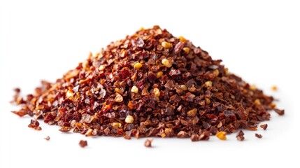 A pile of red pepper flakes on a white background.