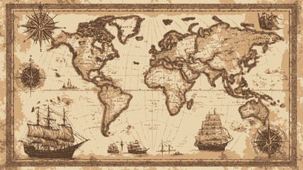 Antique world map on old paper background. Hand drawn illustration.