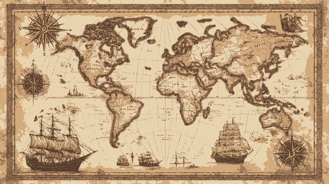 Antique world map on old paper background. Hand drawn illustration.