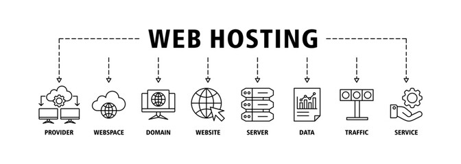 Web hosting banner web icon set vector illustration concept with icon of provider, web space, domain, website, server, data, traffic and service icons infographics symbol background