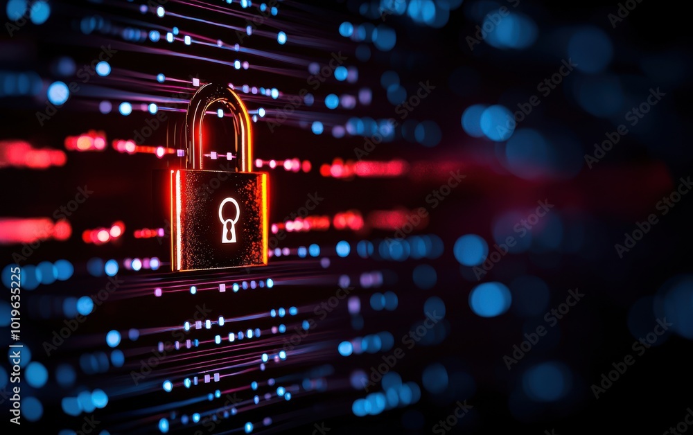 Poster digital lock symbolizing cybersecurity and data protection against online threats, surrounded by abs