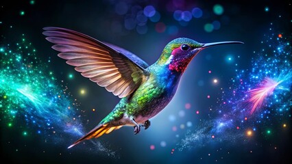 A vibrant hummingbird in flight, its iridescent plumage catching the glow of ethereal dust, a spectacle of nature's beauty and wonder.